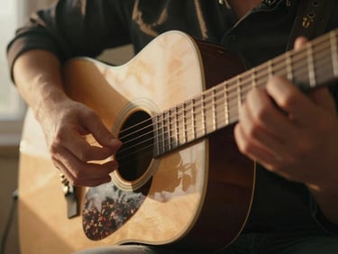 Close-up of hands playing an acoustic guitar, warm golden-hour light, shallow depth of field, 35mm film grain