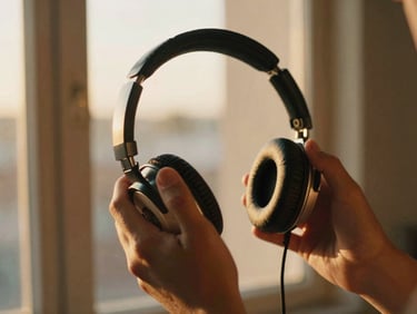 A close-up of hands holding vintage headphones under warm golden-hour window light, soft studio glow, shallow depth of field, 35mm film grain