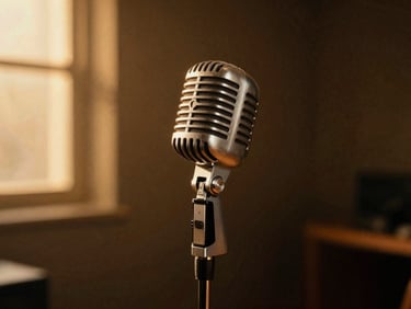 A vintage silver microphone in a dark studio with warm amber spotlighting, high contrast, soft shadows, 35mm film grain
