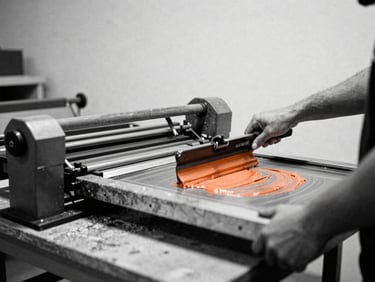 Low-angle medium shot of a screen-printing press in a raw concrete studio, hands pulling a squeegee with thick orange ink, harsh overcast daylight, 35mm film grain