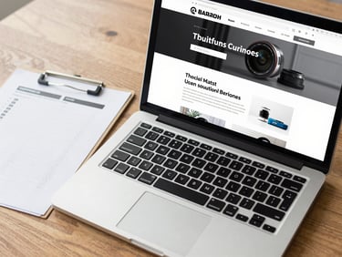 A close-up flat-lay of a laptop showing a clean, high-contrast website layout next to a printed checklist on a wooden table, bright natural light.