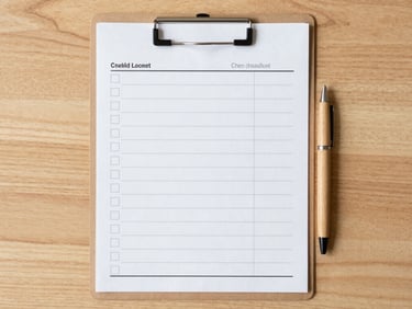 Clean top-down flat-lay of a structured paper checklist with a wooden pen on a light oak desk, bright and even lighting.