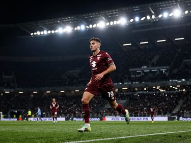 Torino FC player in action on the pitch during a night match, dramatic stadium lighting, high-contrast dark tones