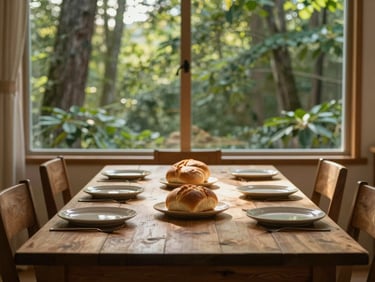 A long wooden dining table set with simple ceramic plates and fresh bread, warm sunlight filtering through dense green forest foliage outside the window, peaceful and serene atmosphere.