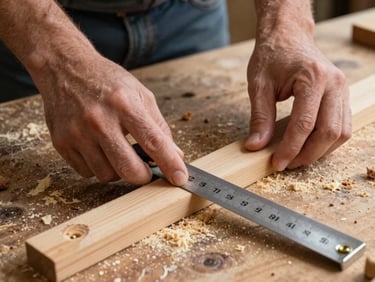 Close-up of hands measuring a wooden plank with a classic metal ruler, sawdust scattered on a rustic workbench, natural side lighting, focused and quiet.