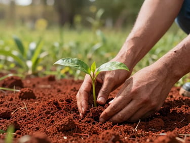Hands gently planting a young green seedling into the rich, vibrant red soil of Misiones, warm morning sunlight, lush green background.