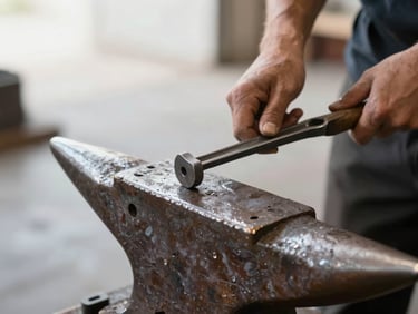 Close-up of a blacksmith's hands holding a metal tool near an anvil, soft natural light reflecting on dark iron, clean and structured composition.