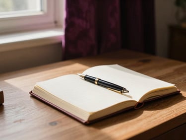 A dramatic, wide editorial shot of an author's writing desk. A fountain pen rests on a leather journal, warm window light casting soft shadows across deep plum velvet drapery, 35mm.