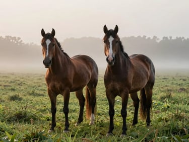 Two horses standing quietly in a vast green field during a soft, misty sunrise in Alegrete.