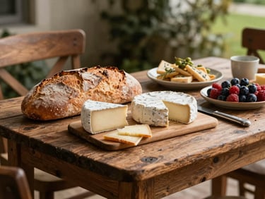 A rustic wooden table set with fresh farm bread, artisan cheese, and regional dishes under the shade of a veranda.