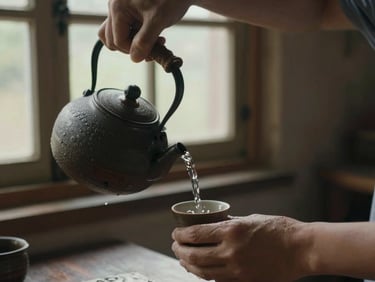 Hands pouring hot water from a traditional kettle into a chimarrão cup, soft morning light filtering through a rustic window.