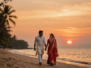 Indian newlywed couple holding hands, walking along a beach at sunset in Thailand, warm orange hues, romantic atmosphere