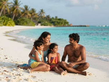 Indian family laughing together on a white sand beach in Maldives, clear turquoise water, bright tropical daylight
