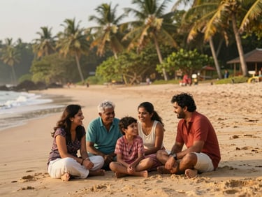 Indian family laughing together on a scenic beach, warm sunlight, wide shot