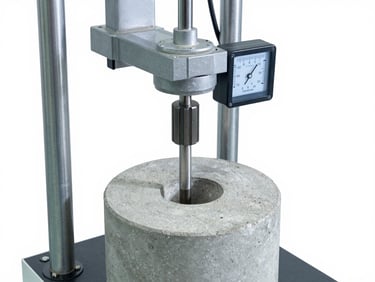 High-angle shot of a hydraulic press applying force to a concrete cylinder, force sensor readout, clean lab environment, sharp focus.