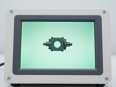 Optical comparator screen displaying a magnified profile of a small industrial component, crisp green light, clean clinical studio lighting, sharp focus, cool desaturated tones, 50mm