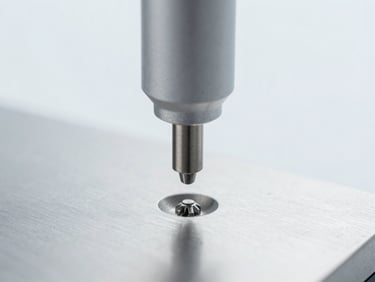 Macro view of a Vickers hardness tester indenting a polished material surface, microscopic view of the precise indentation, clinical white studio lighting.