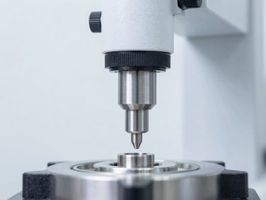 Close-up of a Coordinate Measuring Machine (CMM) probe touching a precision-machined metal part, bright clinical studio lighting, sharp focus, cool desaturated tones, 50mm