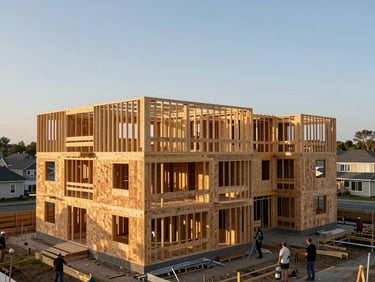Mid-range golden-hour site photograph, multi-unit residential construction at framing stage, wood stud walls and floor deck visible, crew scale showing building height, suburban lot context in background