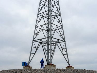 Mid-range environmental shot, overcast daylight, a completed three-legged steel lattice cell tower at full height on a gravel pad, royal blue safety equipment at the base, open sky behind