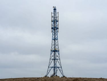 Mid-range environmental shot of a completed three-legged steel cell tower rising against an overcast sky, royal blue safety equipment visible on the lattice legs, wide site context showing cleared ground below, daylight