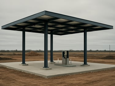Wide mid-range site photo of a fuel station canopy under active construction, steel canopy columns bolted to concrete pads, pump island rough-in visible, overcast daylight, no workers foregrounded, structural scale evident against low horizon