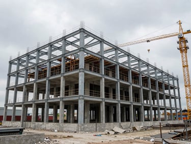 Wide environmental photo of a commercial building exterior with exposed structural steel skeleton at mid-construction, overcast daylight, crane visible at right edge, concrete foundation and column grid showing full-scale footprint