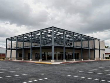 Wide environmental overcast daylight, commercial building exterior at occupancy-ready stage, structural steel frame and masonry facade visible, parking lot foreground showing site scale
