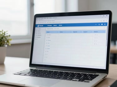 Close-up of a modern accounting software interface on a laptop, organized desk, bright office light.