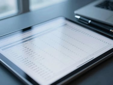 Close-up of a financial ledger on a tablet screen, a pen resting beside it, subtle blue-hour window light, organized desk, sharp focus.