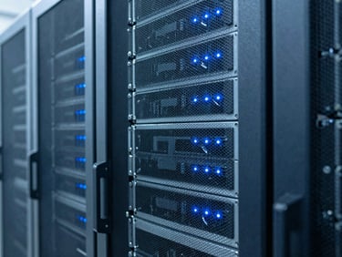 Close-up of a server rack with blue indicator lights in a modern data center, cool-toned daylight, sharp focus.