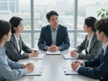 Structured collaborative strategy session around a modern table, bright natural daylight, cool blue tones, sharp focus.