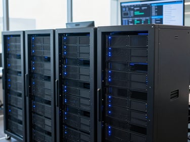 Modern office, sleek server racks glowing with soft blue light, a digital marketing dashboard on a screen, cool-toned daylight, sharp focus.