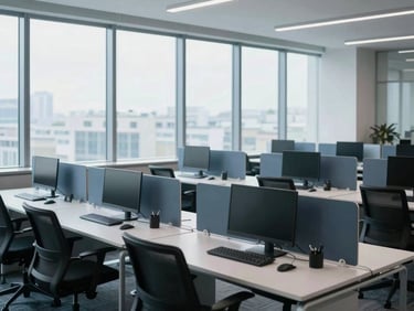 Modern collaborative workspace, empty desks, natural daylight streaming through large windows.