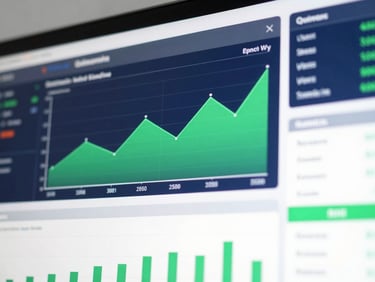 Close-up of a high-end digital interface showing financial data graphs, bright cool studio lighting, navy and green accents, sharp focus