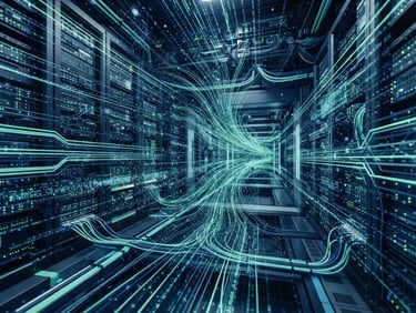 Abstract digital data flows in deep navy and mint green, clean architectural lines, bright cool studio lighting, sharp focus, 35mm