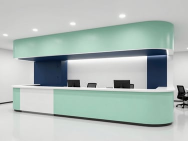Clean architectural lines of a modern financial institution interior, bright cool studio lighting, mint green highlights, 35mm