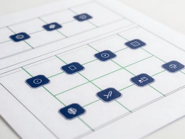 A clean technical blueprint showing modular software architecture, with subtle green lines connecting data nodes, studio lighting, sharp focus