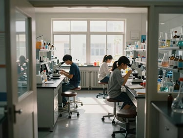 Environmental wide shot of a school science laboratory, shot from the doorway. Afternoon light streams through windows along the far wall, illuminating two students examining a specimen under a microscope. Lab benches are visible in the foreground, equipment laid out in use. The room reads as actively occupied — notebooks open, stools pulled close. No posed expressions, no camera eye contact. Framing shows the full depth of the room.