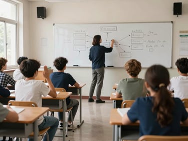 Wide environmental shot of a secondary school classroom from the back of the room. A teacher stands at the front, writing on a whiteboard covered in a structured diagram — arrows and labeled boxes. Students in the foreground are visible from behind, some leaning forward, one with hand raised. Daylight from side windows. The frame shows the full teaching environment: desks, books, the board, and the teacher mid-explanation. No faces of students in focus; the teacher is identifiable by posture and gesture, not a posed portrait.