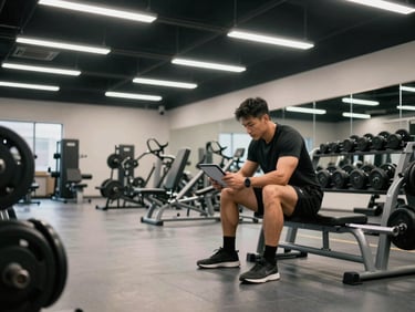 Wide shot of a fitness studio interior, a trainer reviewing a tablet near a rack of free weights, overhead fluorescent light, clean polished floor, no clients in frame — business-operational feel