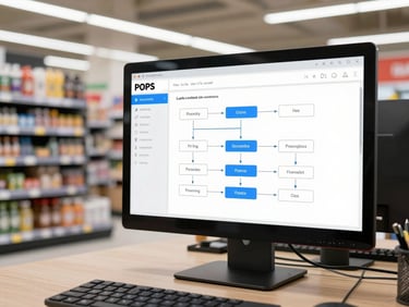 Tela de computador exibindo um software de criação de POPs com interface limpa, diagramas de fluxo e texto, em um escritório moderno de supermercado.