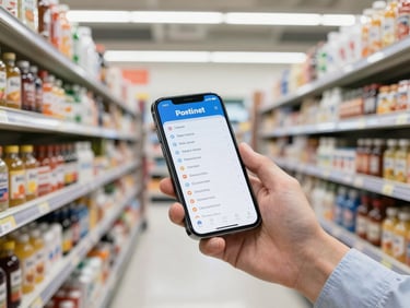 Mãos de um gerente de supermercado segurando um smartphone, exibindo um aplicativo de checklist digital com itens marcados, em um corredor de supermercado com produtos organizados.