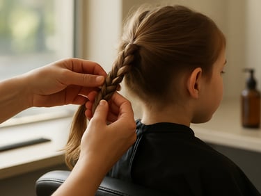 Close-up of hands parting and braiding a child's hair on a salon chair, natural north-facing daylight through a large window, fine-tooth comb and product visible on the counter, warm and precise