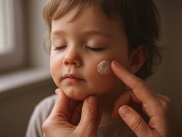 Gentle application of a product to a child's face, soft natural window light, parent's hand lightly steadying the child's chin, calm and deliberate, warm tones with a lavender undertone in the light