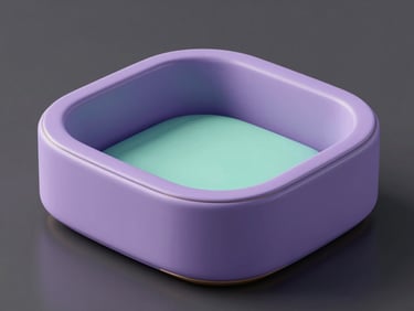 Orthographic close-up 3D render of a sleek cat bed shaped like a minimalist bounding box, matte lavender and mint finish with subtle metallic gold accents, soft studio light