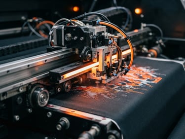 Close-up of a high-end digital printing press in action, sharp details, orange light accents, industrial precision