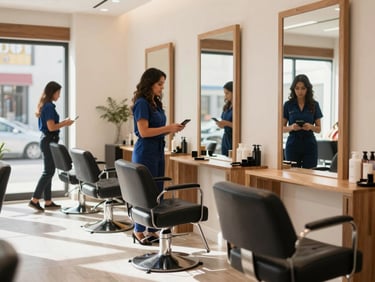 A modern, bright boutique beauty salon interior with warm wooden accents, empty chairs, natural daylight streaming in, shallow depth of field