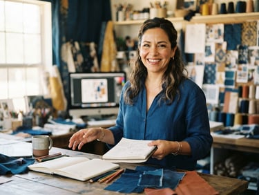Approach portrait of a smiling Latina business owner in her brightly lit design studio, warm natural daylight, shallow depth of field, rich deep blue tones.