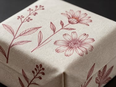 Macro close-up of a textured linen cosmetic box with hand-drawn botanical illustrations printed in dusty rose ink, soft shadows